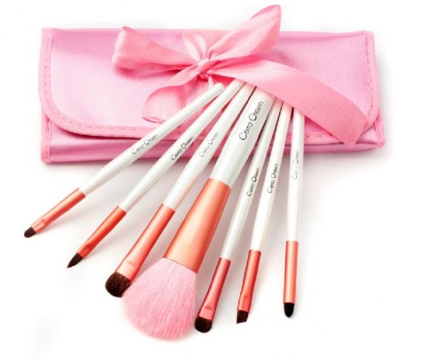 White Handle Makeup Brushes Set with Pink PU Pouch Bag 7pcs