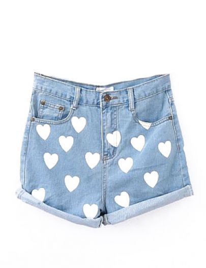 High Waist Heart Print Denim Shorts