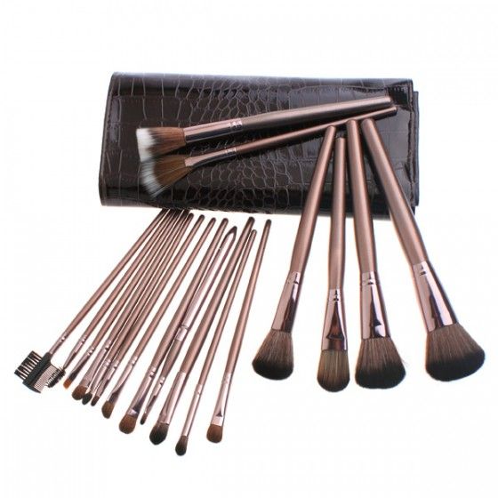 18 pcs Coffee Makeup Brushes Set in Python Venis Zipper Case