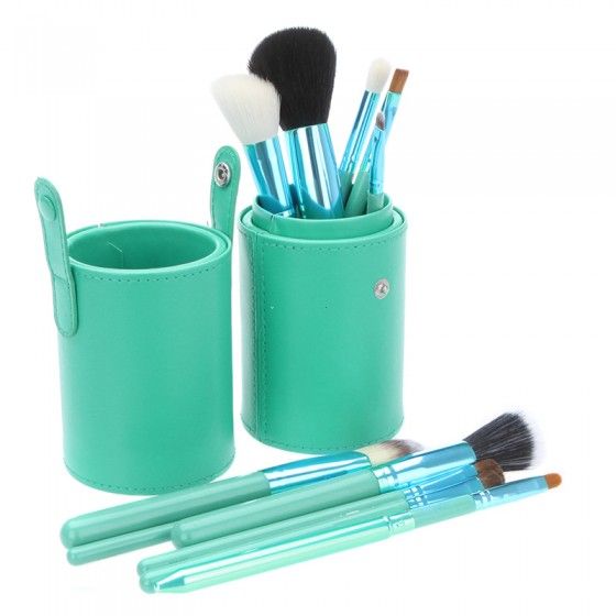 12pcs Makeup Brushes in Round Leather Brush Cup Holder Green