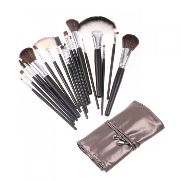 18 pcs Nylon Black Makeup Brush Set with Silver Grey Pouch