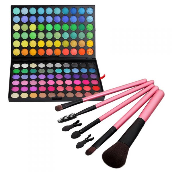 120-Color Eye Shadow Palette #1 Plus Pink Brush Set (5pcs)