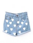 High Waist Heart Print Denim Shorts