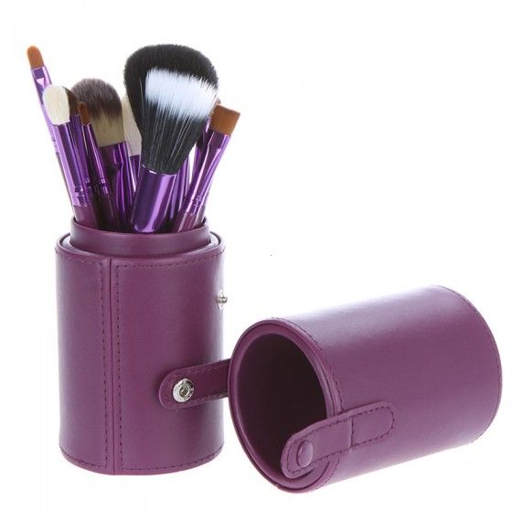 12pcs Makeup Brush in Round Leather Brush Cup Holder Purple