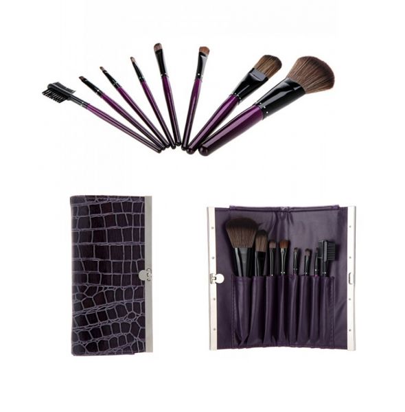 8 pcs Makeup Brush Kit Python Vernis Leather Case Purple