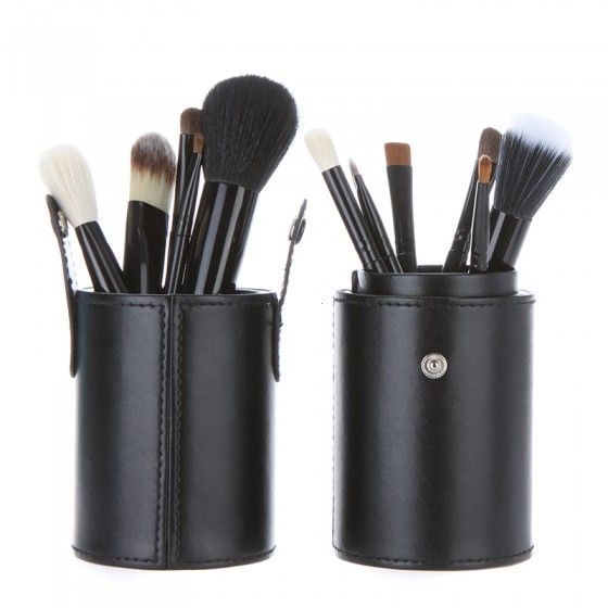 12pcs Makeup Brushes in Round Leather Brush Cup Holder Black