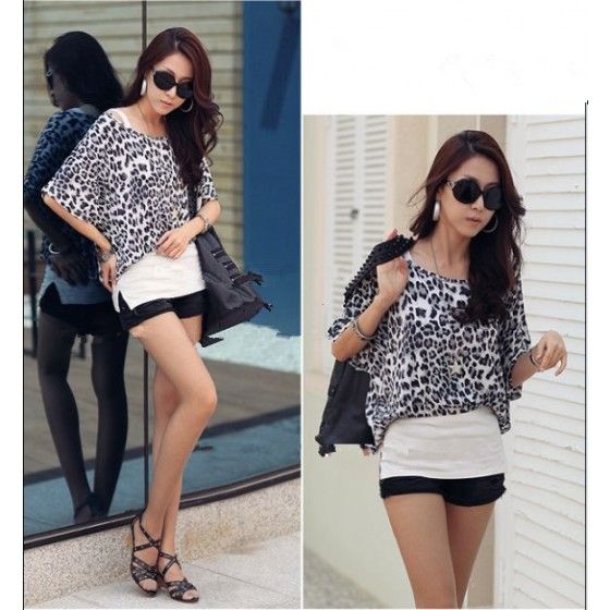 Batwing Stylish Women White Leopard Blouse