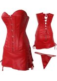 Sexy Overbust V Neck Red PU Leather Bustier Lace up Corset